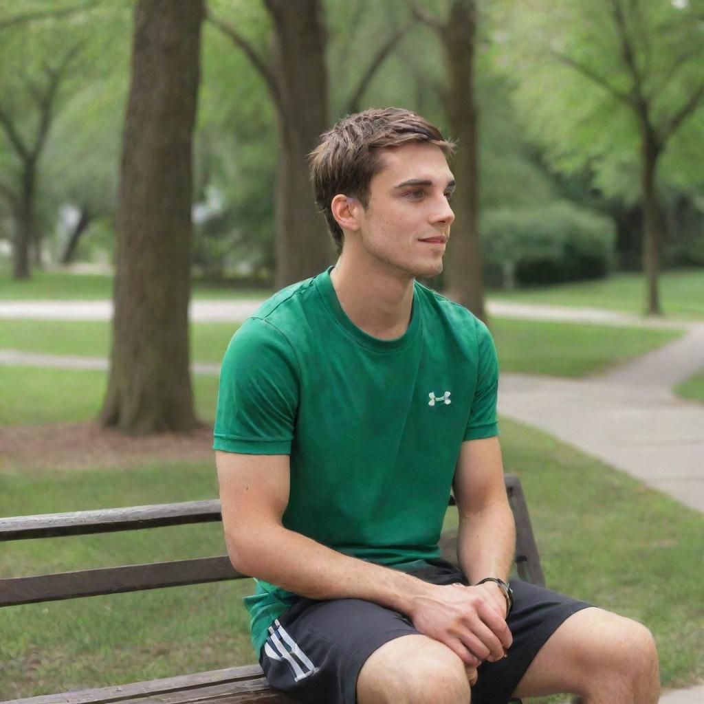 A 25-year-old man, dressed in sporty attire, sitting on a park bench surrounded by lush trees, looking towards the sidewalk. A boy with lashes is approaching him from the sidewalk.