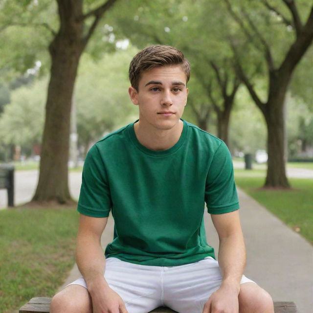 A 25-year-old man, dressed in sporty attire, sitting on a park bench surrounded by lush trees, looking towards the sidewalk. A boy with lashes is approaching him from the sidewalk.