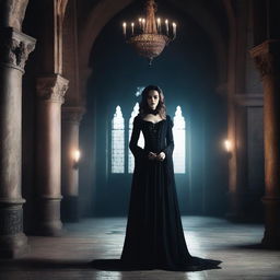 A powerful and enigmatic mistress, dressed in elegant and dark attire, standing in a gothic castle