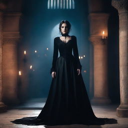 A powerful and enigmatic mistress, dressed in elegant and dark attire, standing in a gothic castle