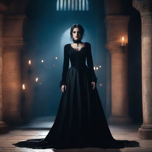 A powerful and enigmatic mistress, dressed in elegant and dark attire, standing in a gothic castle