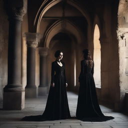 A powerful and enigmatic mistress, dressed in elegant and dark attire, standing in a gothic castle