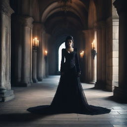 A powerful and enigmatic mistress, dressed in elegant and dark attire, standing in a gothic castle