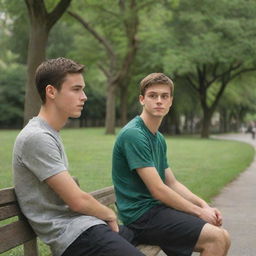 A 25-year-old man, dressed in sporty attire, sitting on a park bench surrounded by lush trees, looking towards the sidewalk. A boy with lashes is approaching him from the sidewalk.