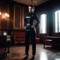 A strong and commanding nurse domina, dressed in a dark, sophisticated nurse uniform with leather accents, standing in a dimly lit, opulent room