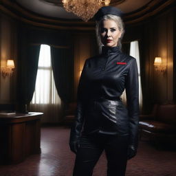 A strong and commanding nurse domina, dressed in a dark, sophisticated nurse uniform with leather accents, standing in a dimly lit, opulent room