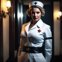 A strong and commanding nurse domina, dressed in a dark, sophisticated nurse uniform with leather accents, standing in a dimly lit, opulent room