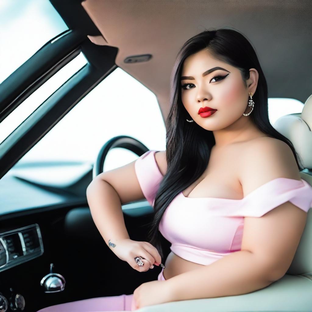 A gorgeous and chubby Filipino girl wearing an off-shoulder short sleeve crop top with a JDM car on it