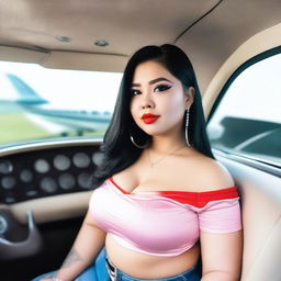 A gorgeous and chubby Filipino girl wearing an off-shoulder short sleeve crop top with a JDM car on it