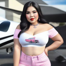 A gorgeous and chubby Filipino girl wearing an off-shoulder short sleeve crop top with a JDM car on it