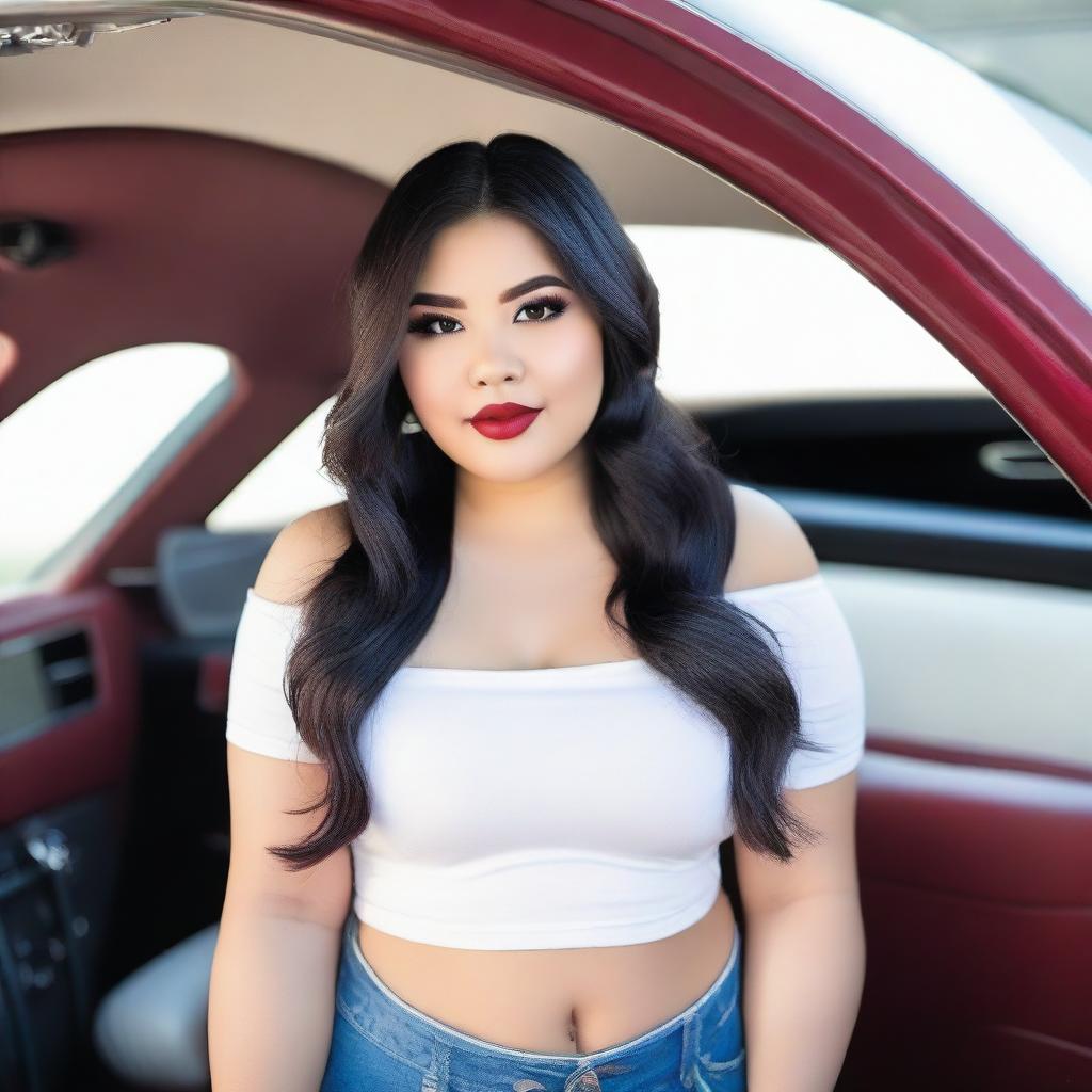 A gorgeous and chubby Filipino girl wearing an off-shoulder short sleeve crop top with a JDM car on it