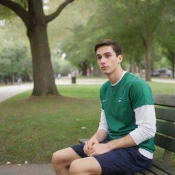 A 25-year-old man, dressed in sporty attire, sitting on a park bench surrounded by lush trees, looking towards the sidewalk. A boy with lashes is approaching him from the sidewalk.