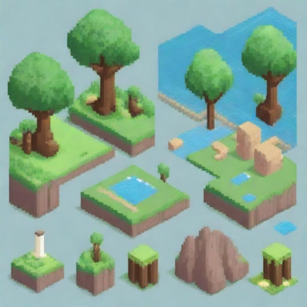 Create a detailed tileset in pixel art style, featuring various terrain types such as grass, water, sand, and stone