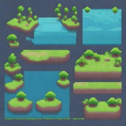 Create a detailed tileset in pixel art style, featuring various terrain types such as grass, water, sand, and stone