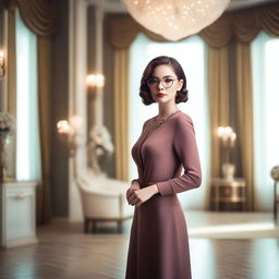 A beautiful lady in glasses, dressed elegantly, standing in a refined and stylish room