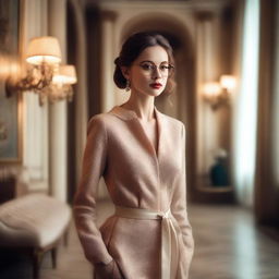 A beautiful lady in glasses, dressed elegantly, standing in a refined and stylish room