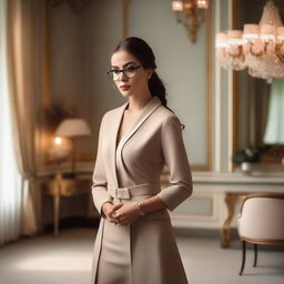 A beautiful lady in glasses, dressed elegantly, standing in a refined and stylish room