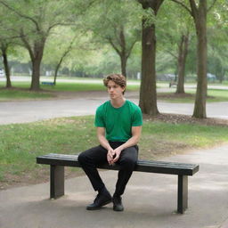 A park overflowing with trees, featuring a bench at the center. A 25-year-old male in black pants and green shirt is seated on the bench. A footpath lies adjacent. A boy in black t-shirt and leotards approaches him.