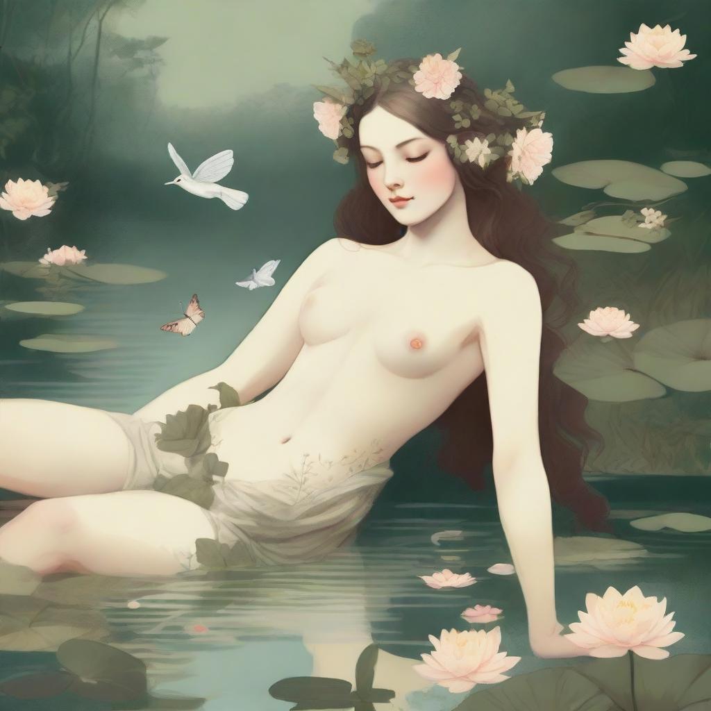 A vintage-style full body illustration of a forest nymph with flowers in her hair, laying on her side beside a serene pond