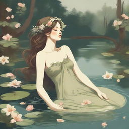 A vintage-style full body illustration of a forest nymph with flowers in her hair, laying on her side beside a serene pond