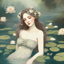 A vintage-style full body illustration of a forest nymph with flowers in her hair, laying on her side beside a serene pond