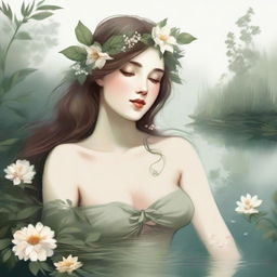 A vintage-style full body illustration of a forest nymph with flowers in her hair, laying on her side beside a serene pond