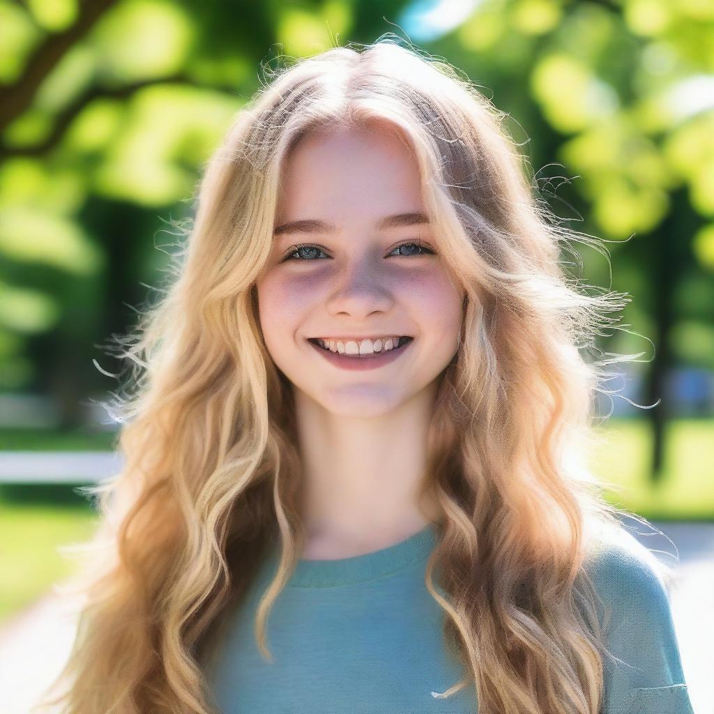 A portrait of an 18-year-old blonde girl with a friendly smile