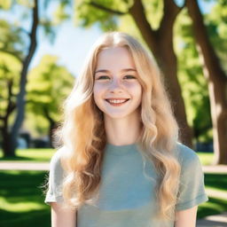 A portrait of an 18-year-old blonde girl with a friendly smile