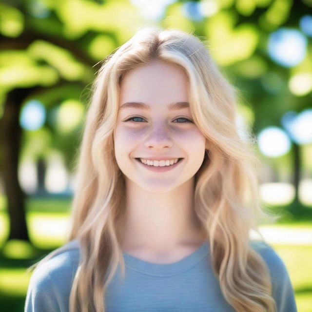 A portrait of an 18-year-old blonde girl with a friendly smile