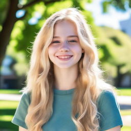 A portrait of an 18-year-old blonde girl with a friendly smile