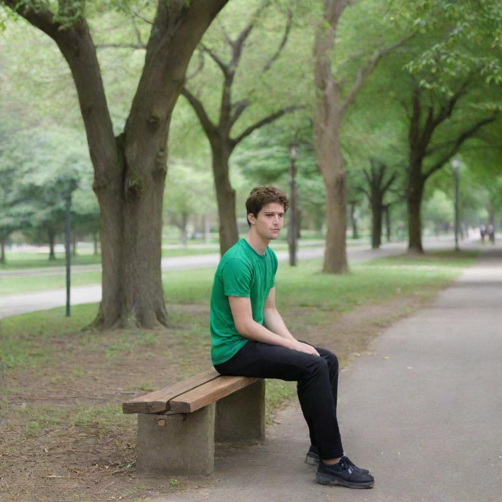 A park overflowing with trees, featuring a bench at the center. A 25-year-old male in black pants and green shirt is seated on the bench. A footpath lies adjacent. A boy in black t-shirt and leotards approaches him.