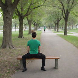 A park overflowing with trees, featuring a bench at the center. A 25-year-old male in black pants and green shirt is seated on the bench. A footpath lies adjacent. A boy in black t-shirt and leotards approaches him.