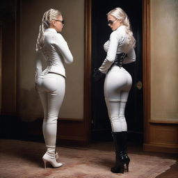 A beautiful and strict blonde mistress in glasses with a fishtail braid hairstyle, dressed in white leather clothing, black lipstick, a corset, lace-up boots, and a thong