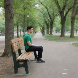 A park overflowing with trees, featuring a bench at the center. A 25-year-old male in black pants and green shirt is seated on the bench. A footpath lies adjacent. A boy in black t-shirt and leotards approaches him.