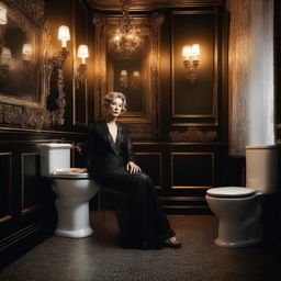 A commanding and authoritative woman, dressed in sophisticated attire, sitting on a toilet in an opulent and dimly lit bathroom