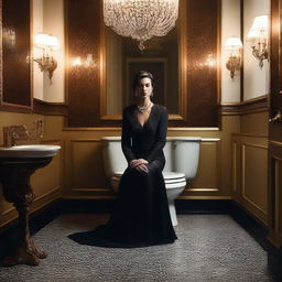 A commanding and authoritative woman, dressed in sophisticated attire, sitting on a toilet in an opulent and dimly lit bathroom