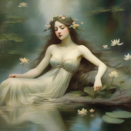 A vintage forest nymph is depicted in a serene and enchanting setting