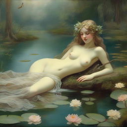 A vintage forest nymph is depicted in a serene and enchanting setting