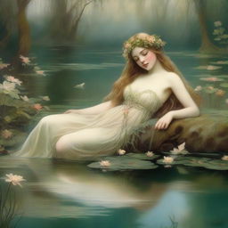 A vintage forest nymph is depicted in a serene and enchanting setting