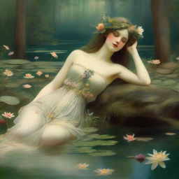 A vintage forest nymph is depicted in a serene and enchanting setting