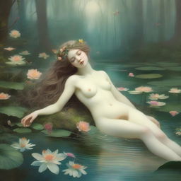 A vintage forest nymph is depicted laying down on her stomach next to a tranquil pond, looking longingly into the water