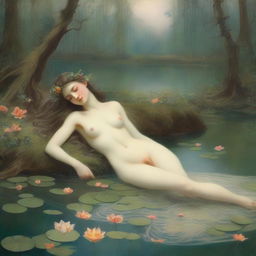 A vintage forest nymph is depicted laying down on her stomach next to a tranquil pond, looking longingly into the water