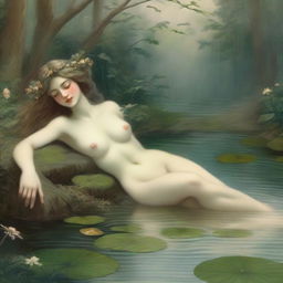 A vintage forest nymph is depicted laying down on her stomach next to a tranquil pond, looking longingly into the water