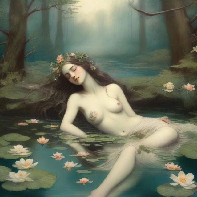 A vintage forest nymph is depicted laying down on her stomach next to a tranquil pond, looking longingly into the water