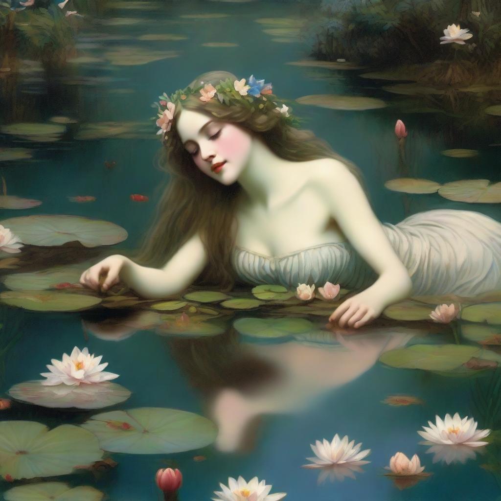 A vintage forest nymph is depicted laying down on her stomach next to a tranquil pond, looking longingly into the water