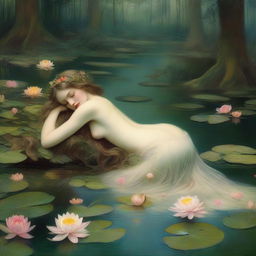 A vintage forest nymph is depicted laying down on her stomach next to a tranquil pond, looking longingly into the water