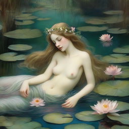 A vintage forest nymph is depicted laying down on her stomach next to a tranquil pond, looking longingly into the water