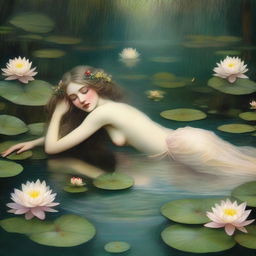 A vintage forest nymph is depicted laying down on her stomach next to a tranquil pond, looking longingly into the water