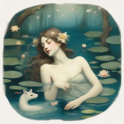 A vintage forest nymph is depicted laying down on her stomach next to a tranquil pond, looking longingly into the water