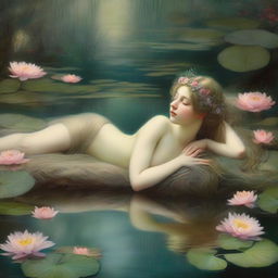 A vintage forest nymph is depicted laying down on her stomach next to a tranquil pond, looking longingly into the water